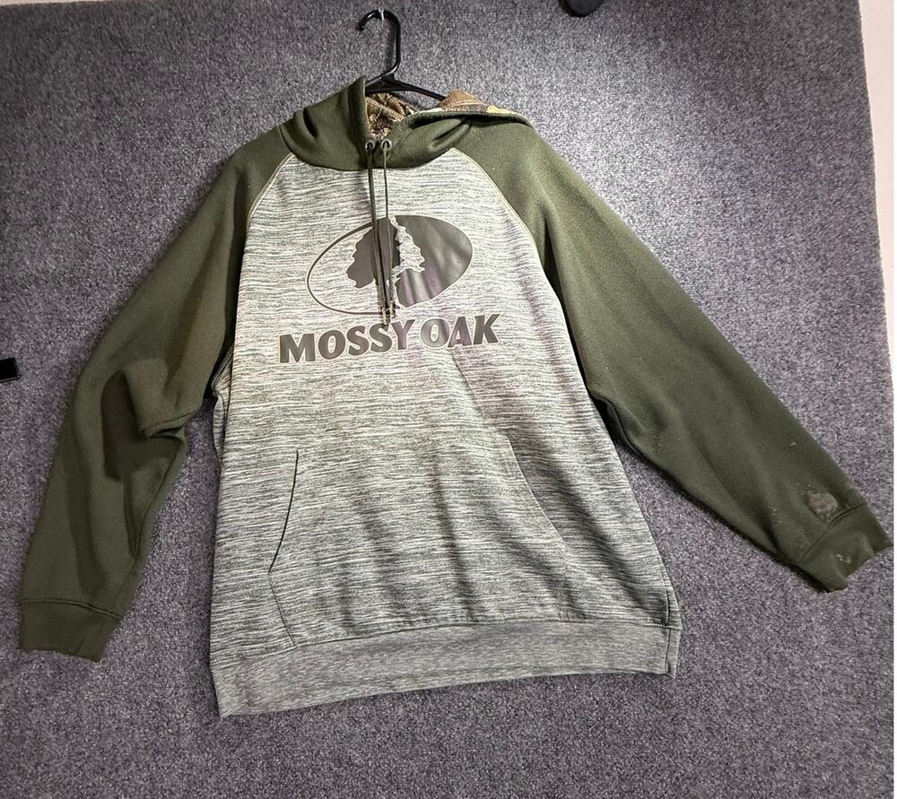 Mossy Oak Men's Gray Heather Green Raglan Sleeve Fleece Pullover Hoodie XL